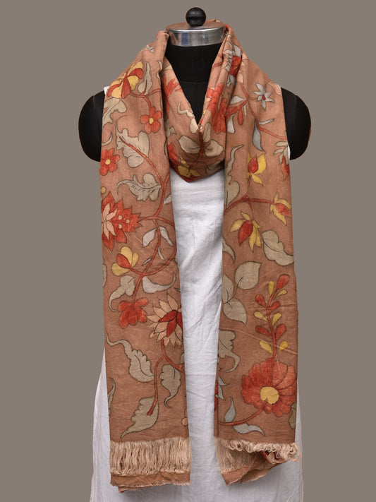 Light Brown Kalamkari Hand Painted Cotton Handloom Dupatta with Floral Design ds3128