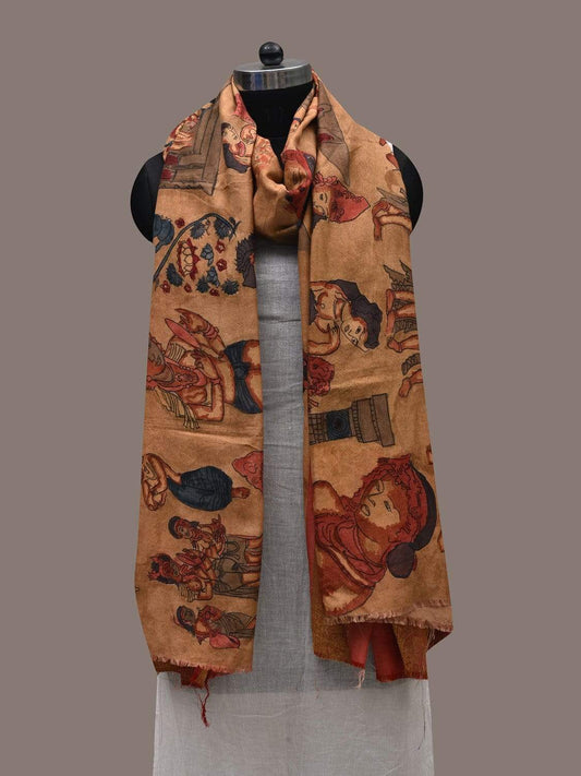 Light Brown Kalamkari Hand Painted Kanchipuram Silk Handloom Dupatta with Ajanta Painting Design ds2494
