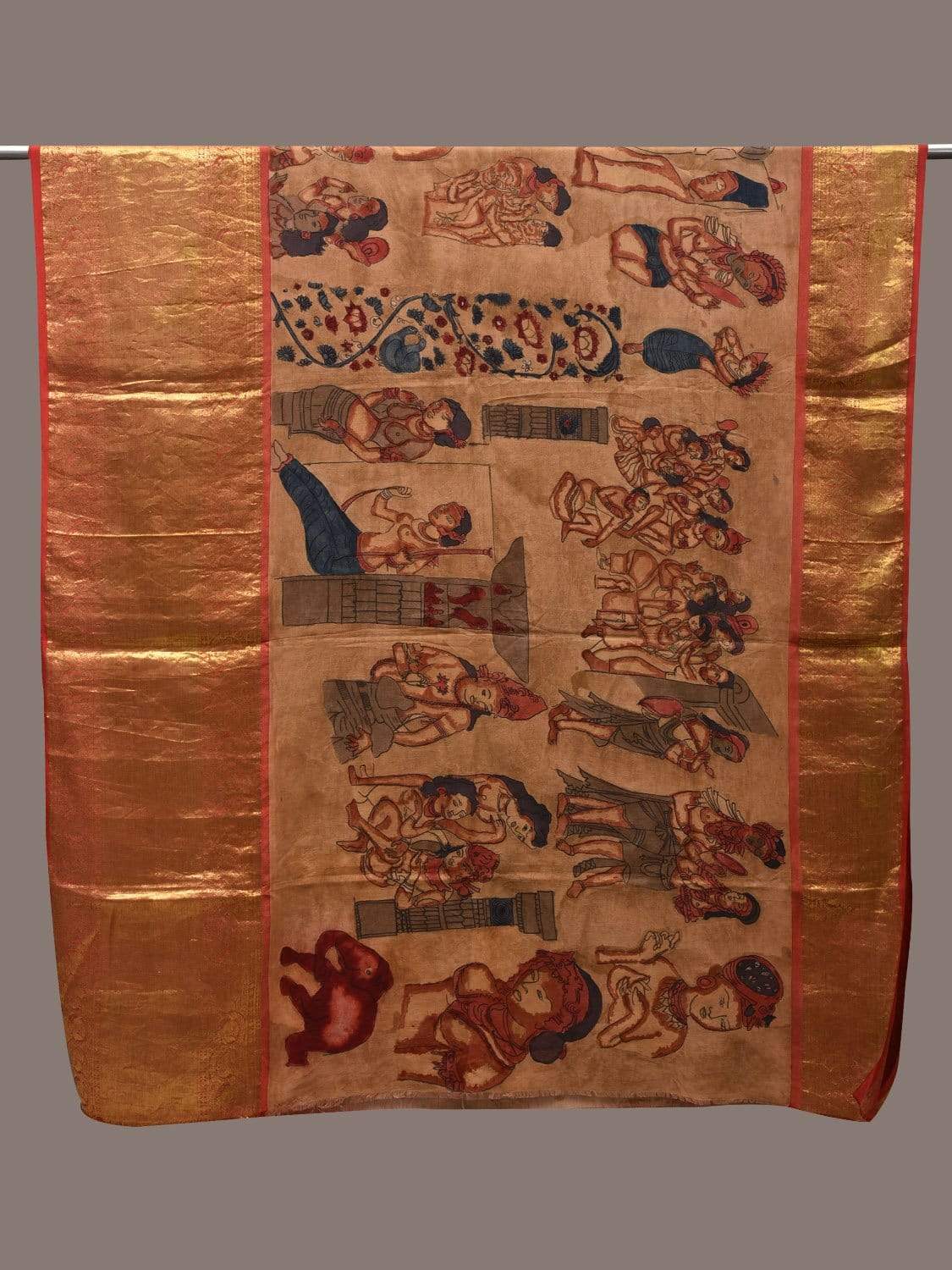 Light Brown Kalamkari Hand Painted Kanchipuram Silk Handloom Dupatta with Ajanta Painting Design ds2494