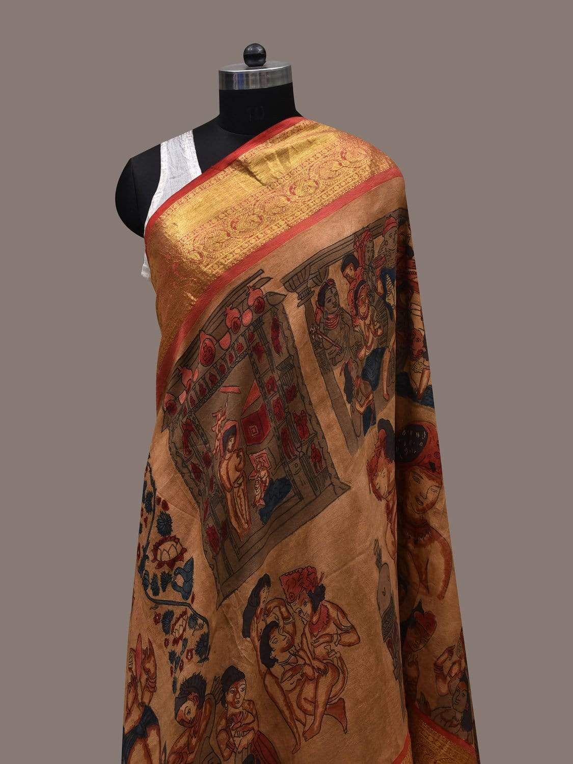 Light Brown Kalamkari Hand Painted Kanchipuram Silk Handloom Dupatta with Ajanta Painting Design ds2494