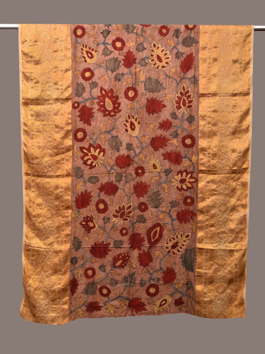 Light Brown Kalamkari Hand Painted Kanchipuram Silk Handloom Dupatta with Floral Design ds3164