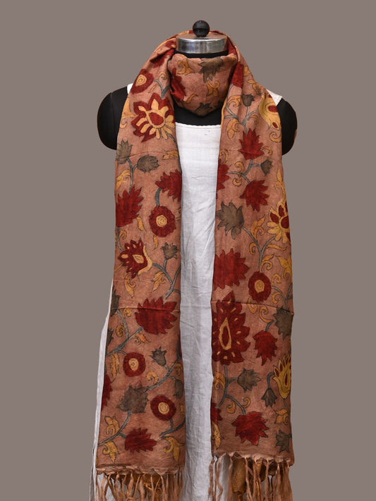 Light Brown Kalamkari Hand Painted Kanchipuram Silk Handloom Dupatta with Floral Design ds3164