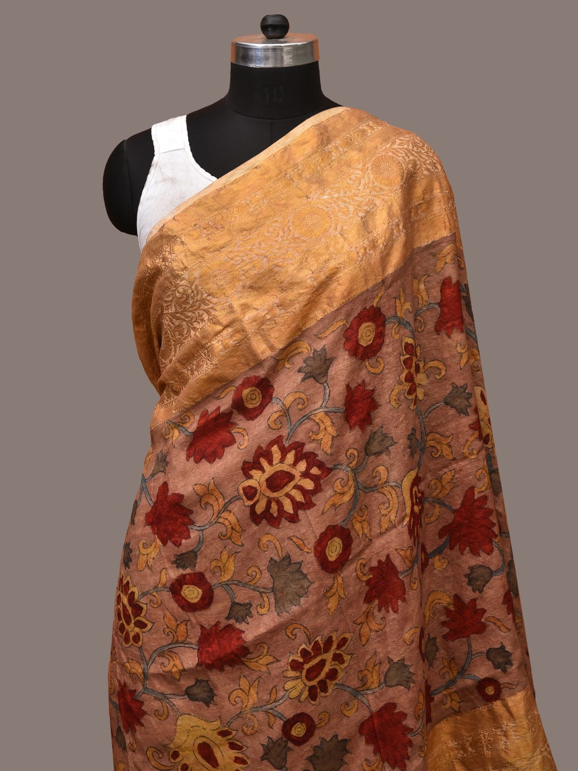 Light Brown Kalamkari Hand Painted Kanchipuram Silk Handloom Dupatta with Floral Design ds3164