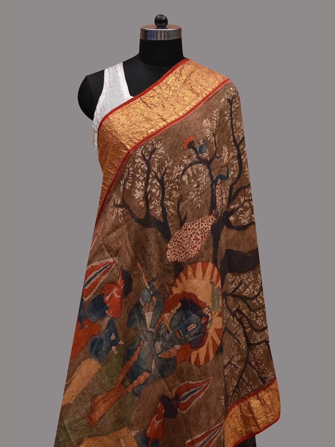 Light Brown Kalamkari Hand Painted Kanchipuram Silk Handloom Dupatta with Krishna Design ds2582
