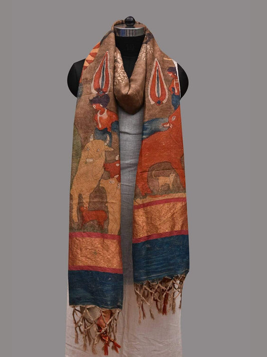 Light Brown Kalamkari Hand Painted Kanchipuram Silk Handloom Dupatta with Krishna Design ds2582