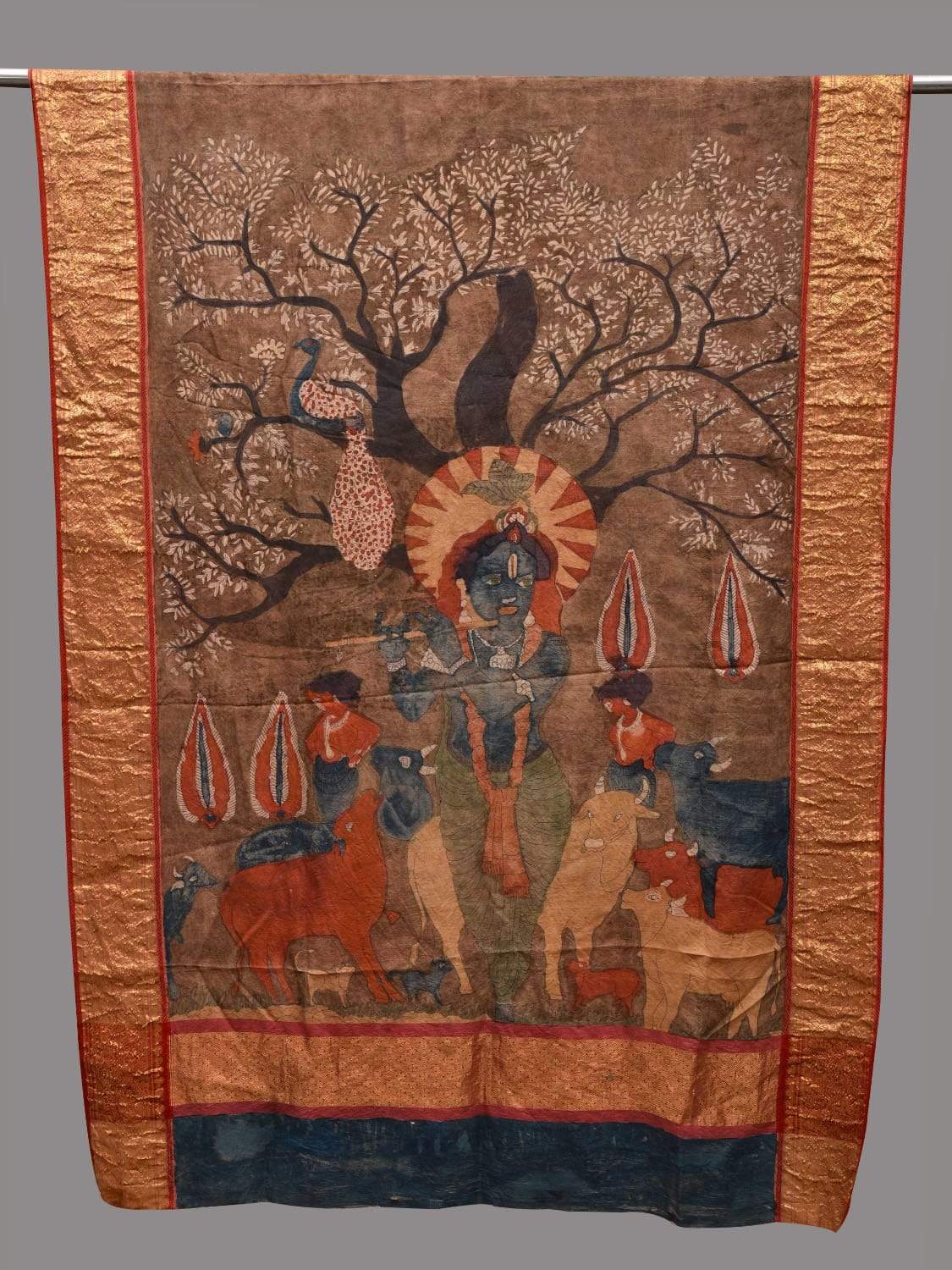 Light Brown Kalamkari Hand Painted Kanchipuram Silk Handloom Dupatta with Krishna Design ds2582