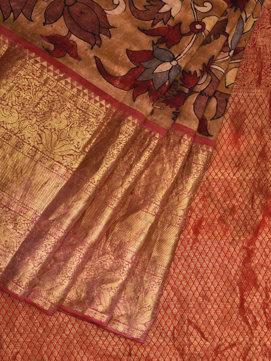 Light Brown Kalamkari Hand Painted Kanchipuram Silk Handloom Saree with Floral Design KL0561