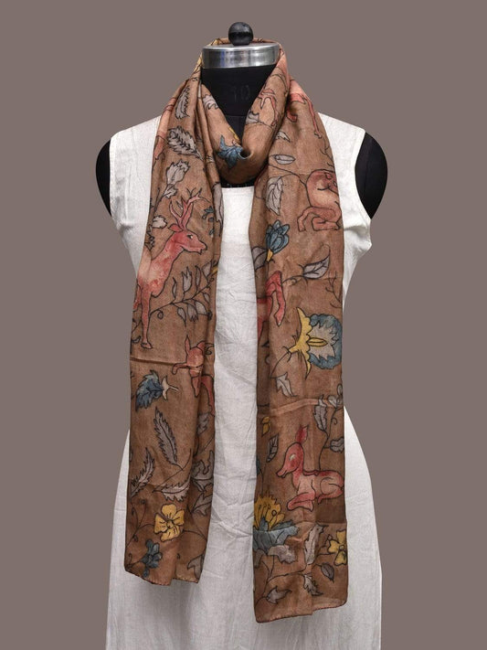 Light Brown Kalamkari Hand Painted Silk Stole with Deers Design ds2320