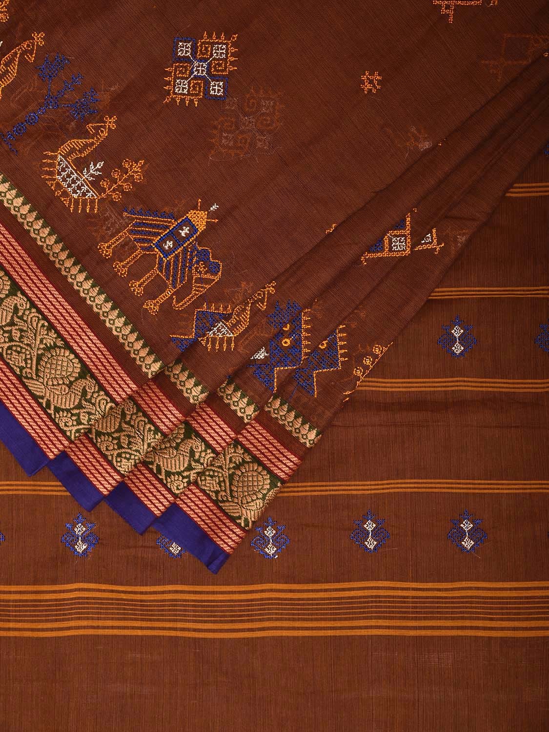 Light Brown Kanchipuram Cotton Saree with Kasuti Work and Border Design o0669