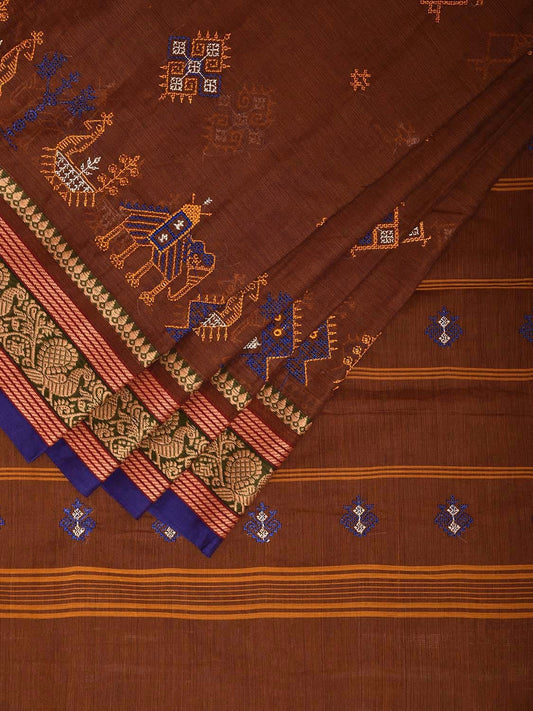 Light Brown Kanchipuram Cotton Saree with Kasuti Work and Border Design o0669