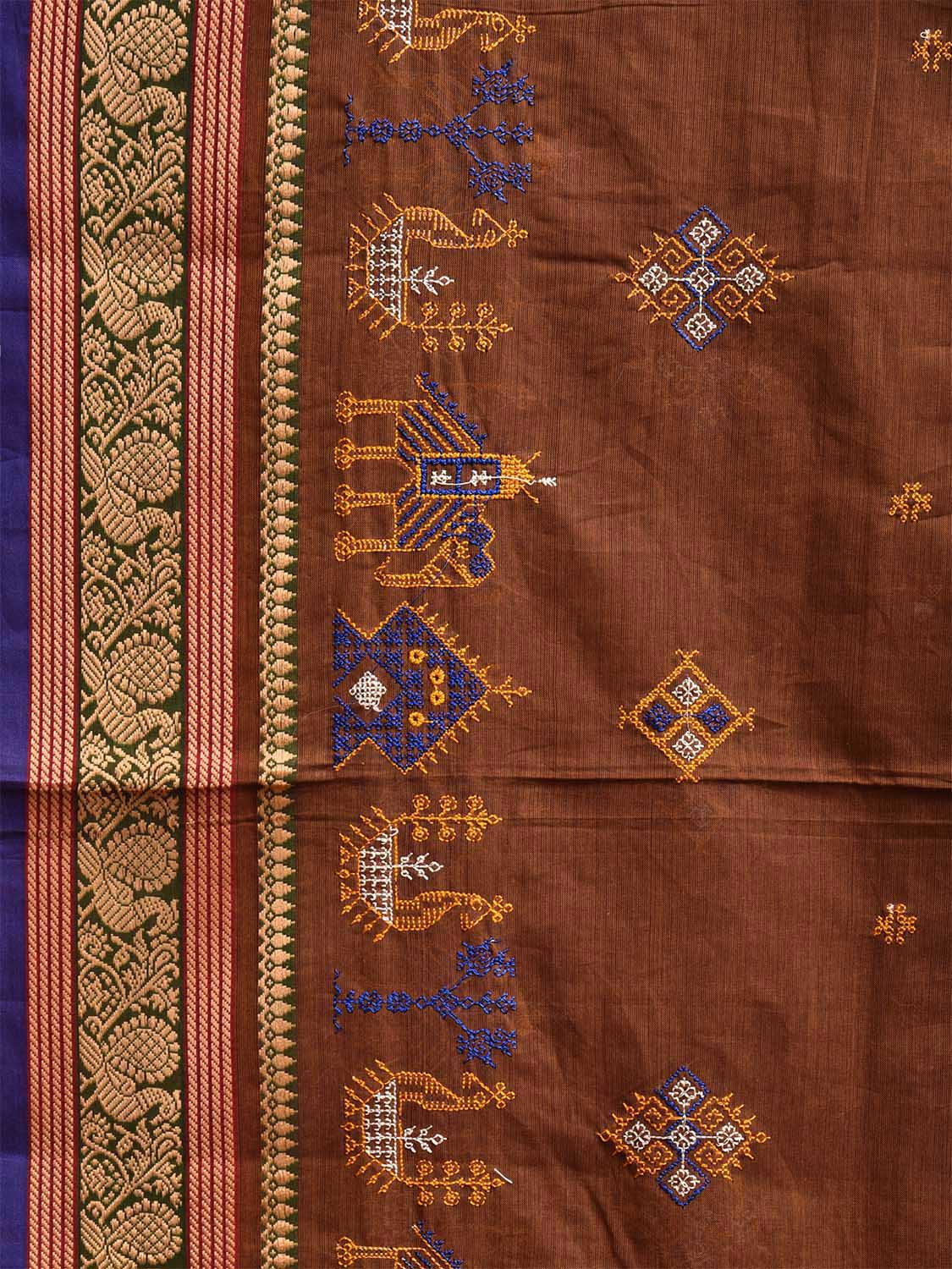 Light Brown Kanchipuram Cotton Saree with Kasuti Work and Border Design o0669
