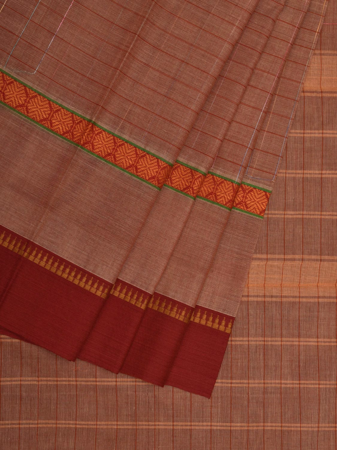 Light Brown Narayanpet Cotton Handloom Saree with Checks Design No Blouse np0630