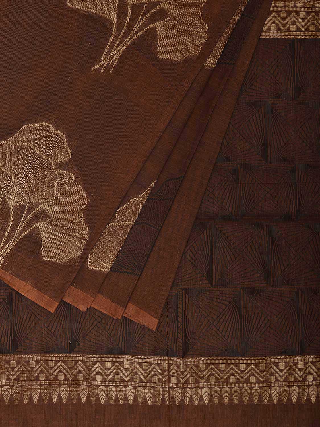 Light Brown Venkatagiri Cotton Saree with Leaves Buta and Pallu Design v0119