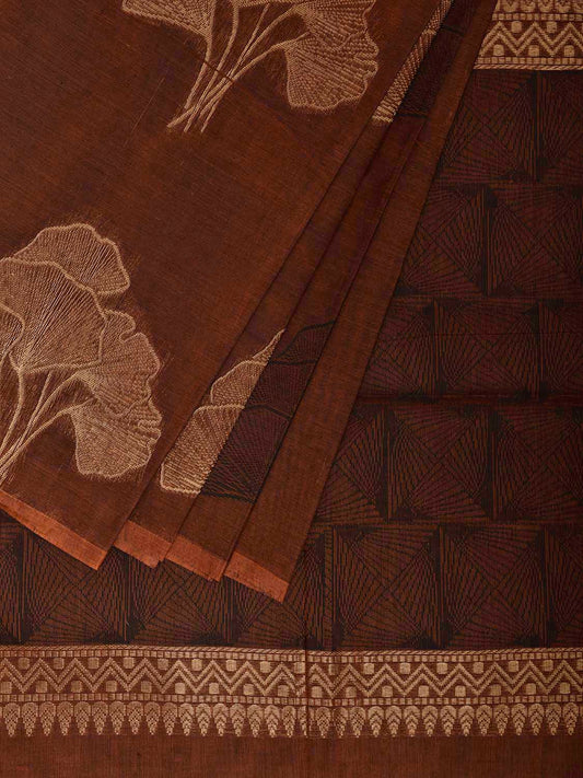 Light Brown Venkatagiri Cotton Saree with Leaves Buta and Pallu Design v0119