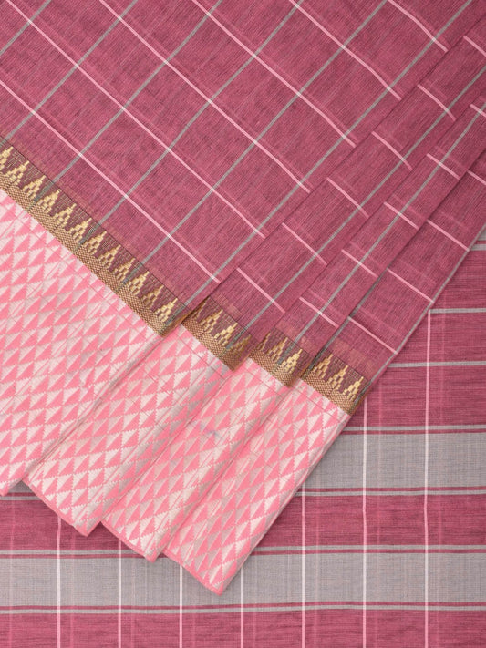Light Burgundy and Baby Pink Bamboo Cotton Saree with Big Checks Design No Blouse bc0386