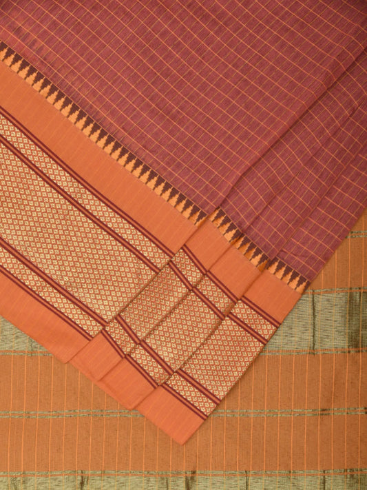 Light Burgundy and Mustard Bamboo Cotton Saree with Checks Design No Blouse bc0304