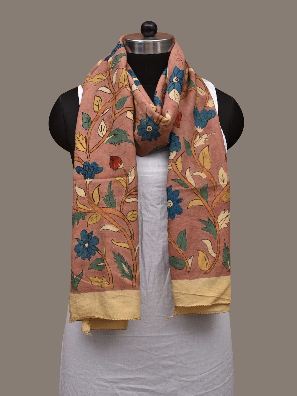 Light Burgundy Kalamkari Hand Painted Cotton Handloom Stole with Floral Design ds3030