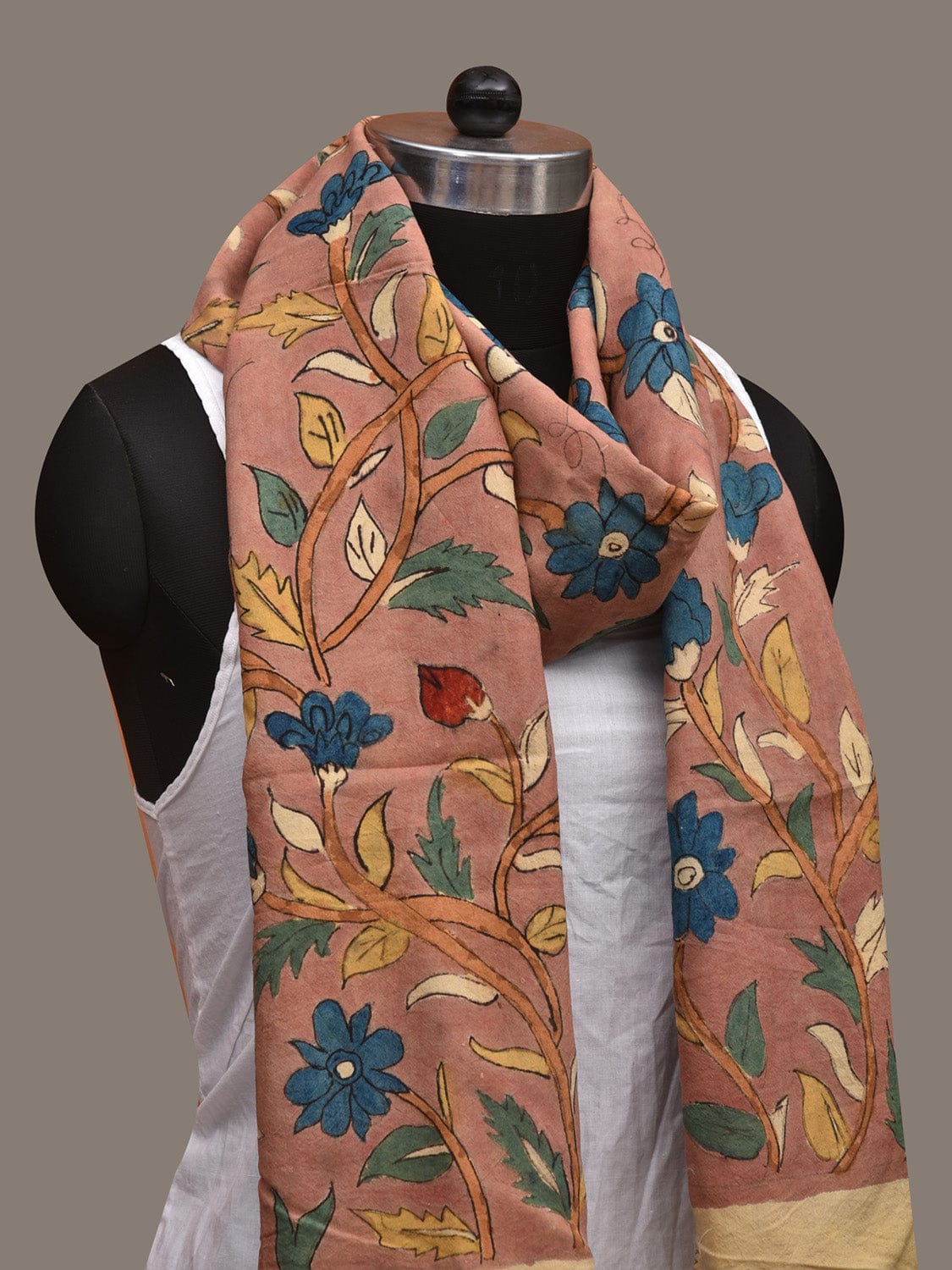 Light Burgundy Kalamkari Hand Painted Cotton Handloom Stole with Floral Design ds3030