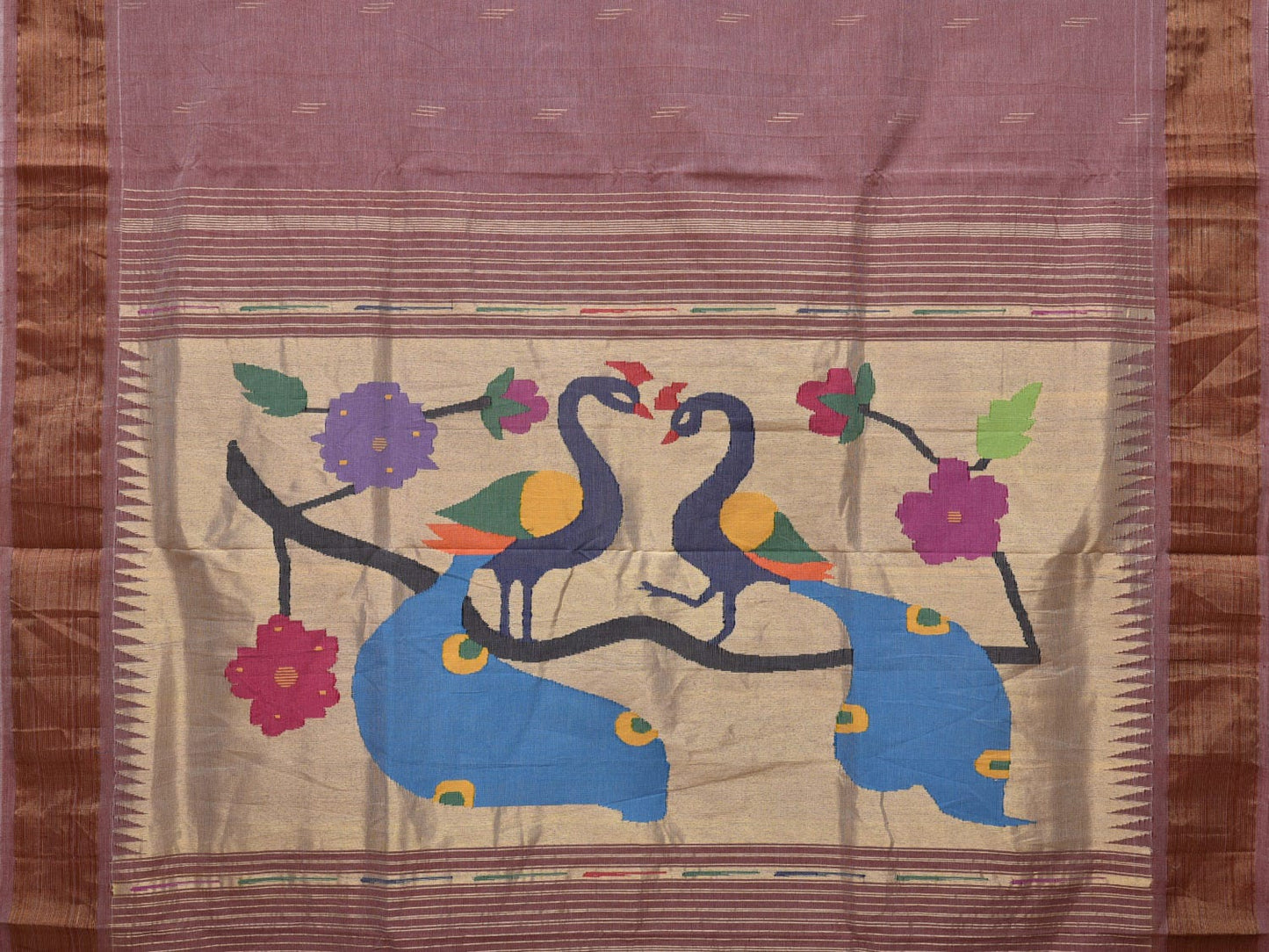 Light Burgundy Paithani Cotton Handloom Saree with Peacocks Pallu Design p0473