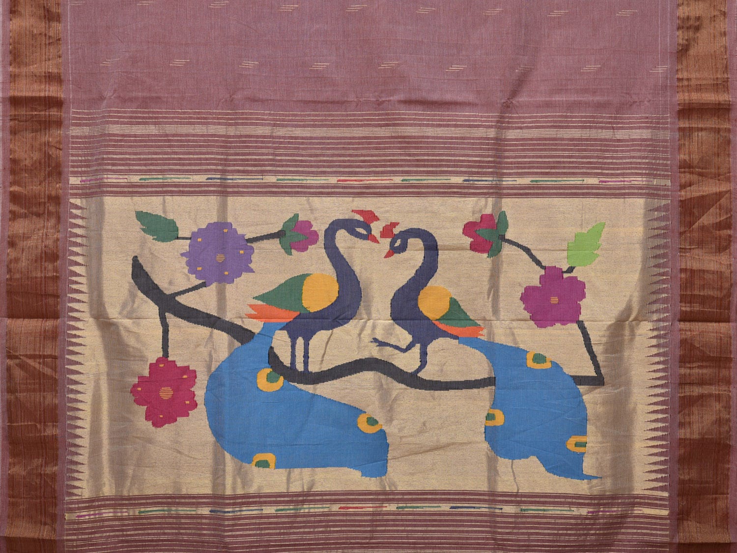 Light Burgundy Paithani Cotton Handloom Saree with Peacocks Pallu Design p0473