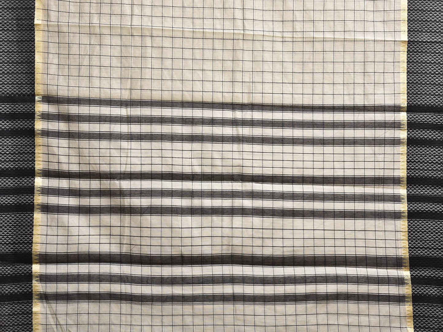 Light Cream and Black Bamboo Cotton Saree with Big Checks Design No Blouse bc0827