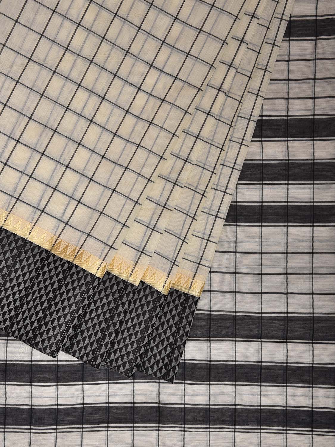 Light Cream and Black Bamboo Cotton Saree with Big Checks Design No Blouse bc0827