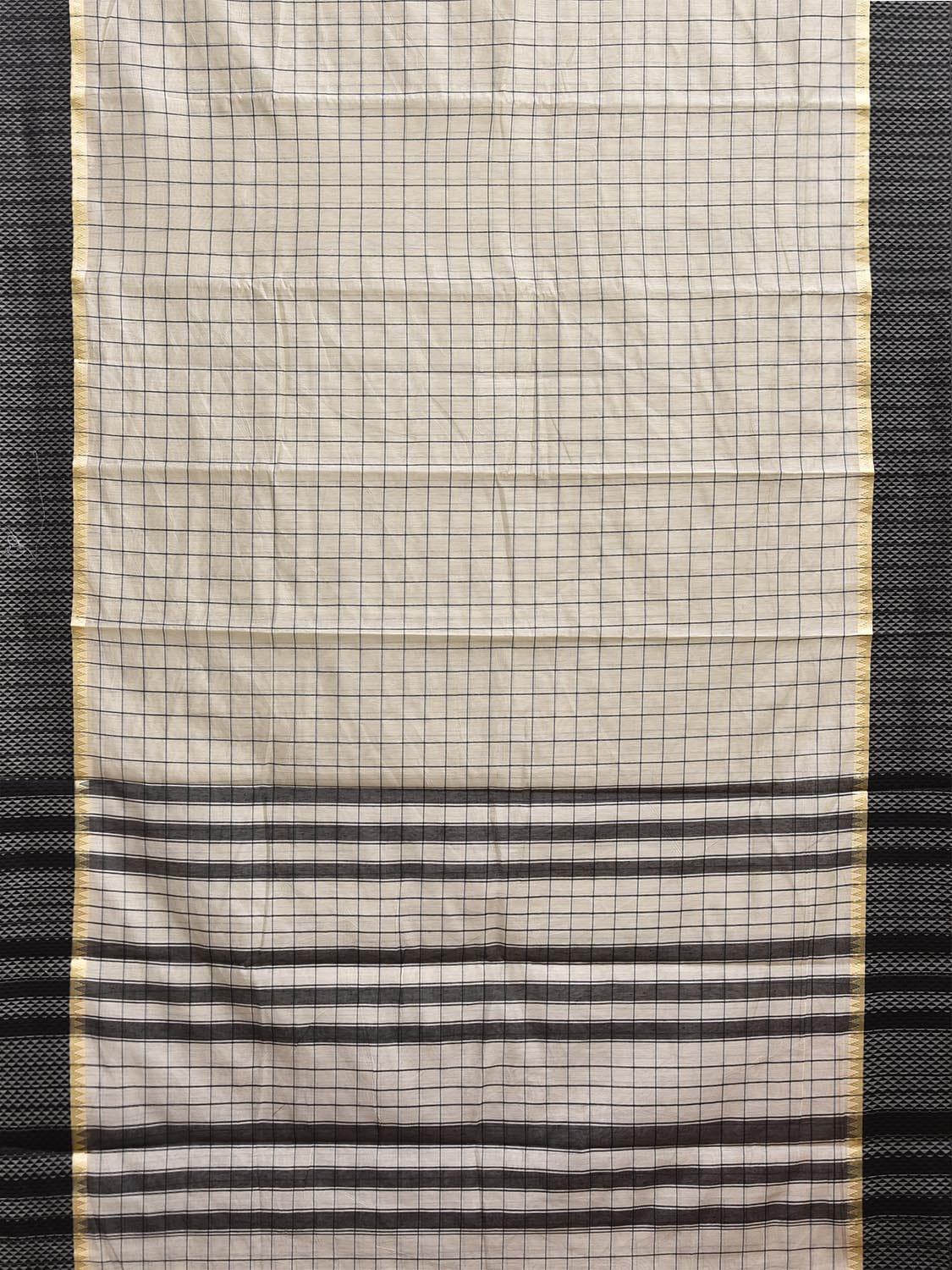 Light Cream and Black Bamboo Cotton Saree with Big Checks Design No Blouse bc0827