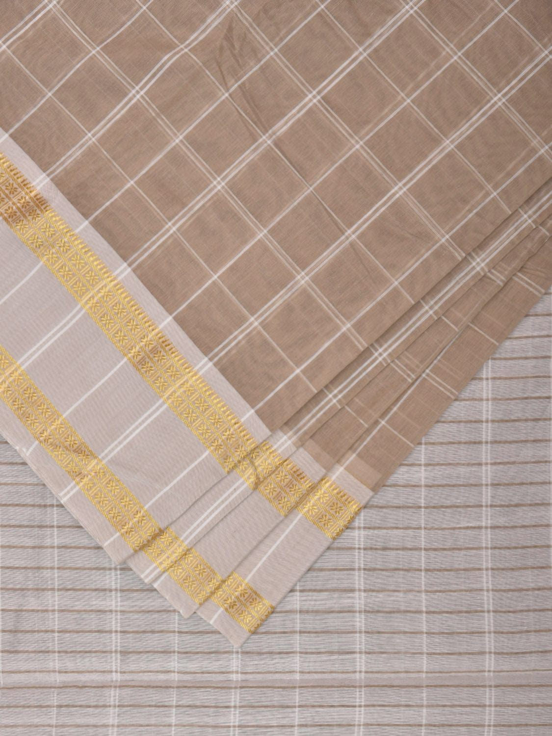 Light Cream Bamboo Cotton Saree with Big Checks Design No Blouse bc0307