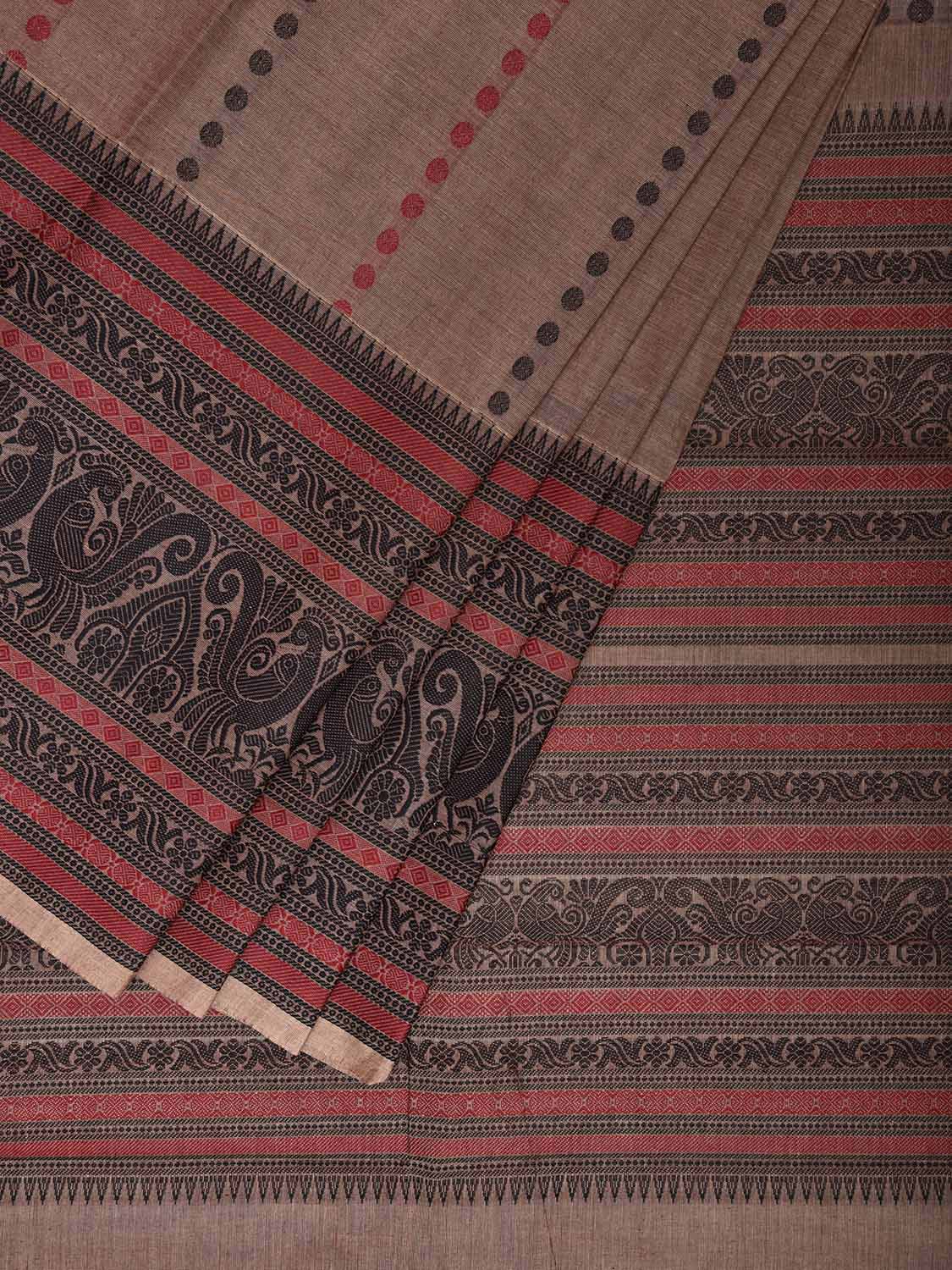 Light Fawn and Black Kanchipuram Cotton Saree with Pallu and Big Border Design k0757