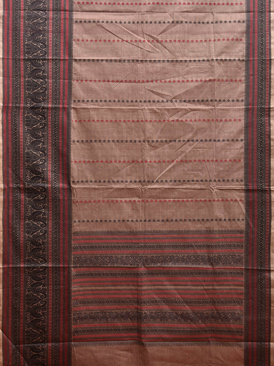 Light Fawn and Black Kanchipuram Cotton Saree with Pallu and Big Border Design k0757