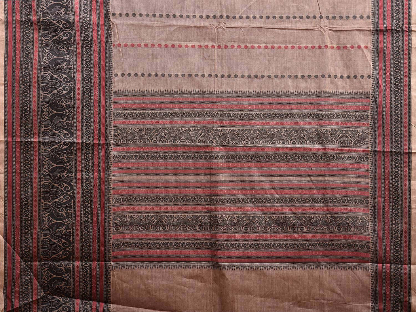 Light Fawn and Black Kanchipuram Cotton Saree with Pallu and Big Border Design k0757