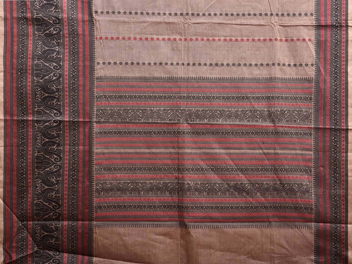 Light Fawn and Black Kanchipuram Cotton Saree with Pallu and Big Border Design k0757