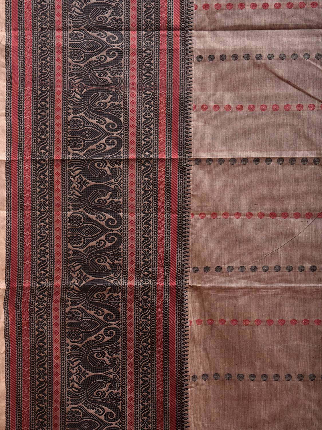 Light Fawn and Black Kanchipuram Cotton Saree with Pallu and Big Border Design k0757