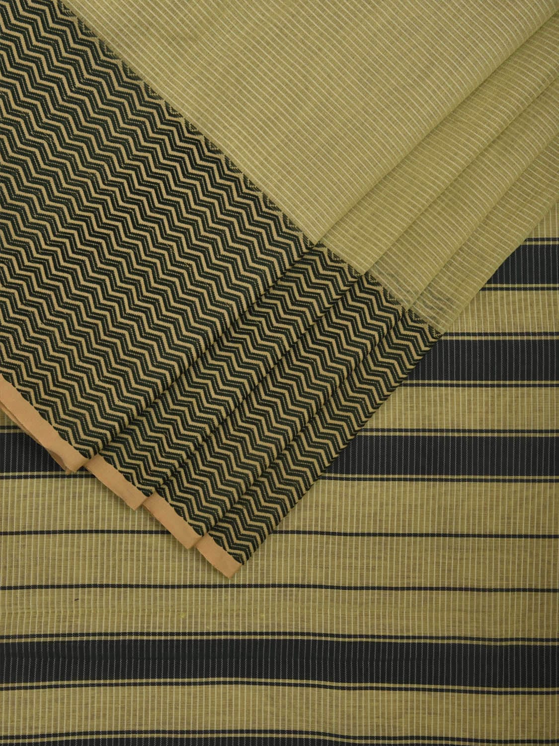 Light Green and Black Bamboo Cotton Saree with Strips and Zig-Zag Border Design No Blouse bc0323