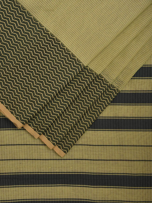Light Green and Black Bamboo Cotton Saree with Strips and Zig-Zag Border Design No Blouse bc0323