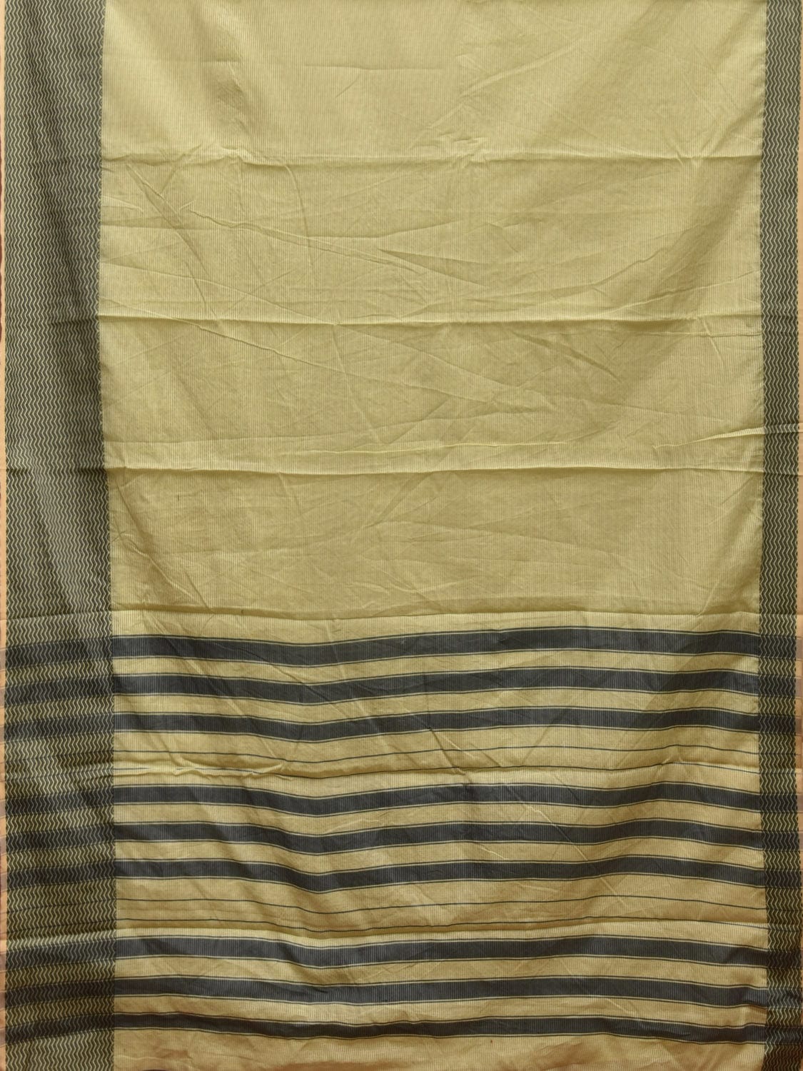 Light Green and Black Bamboo Cotton Saree with Strips and Zig-Zag Border Design No Blouse bc0323
