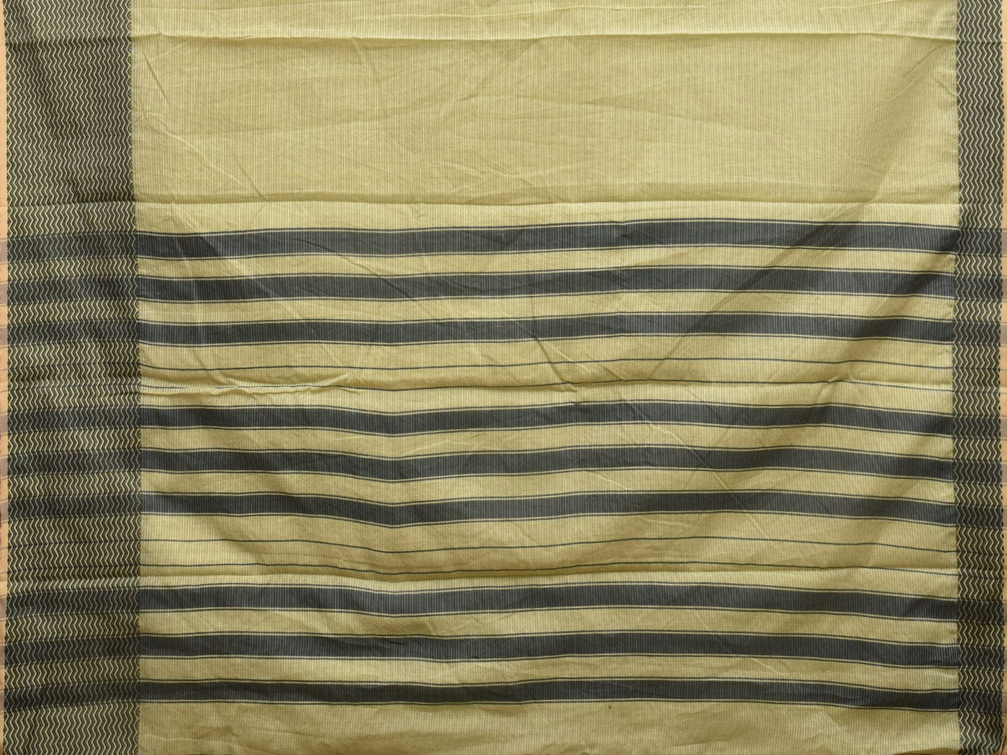 Light Green and Black Bamboo Cotton Saree with Strips and Zig-Zag Border Design No Blouse bc0323