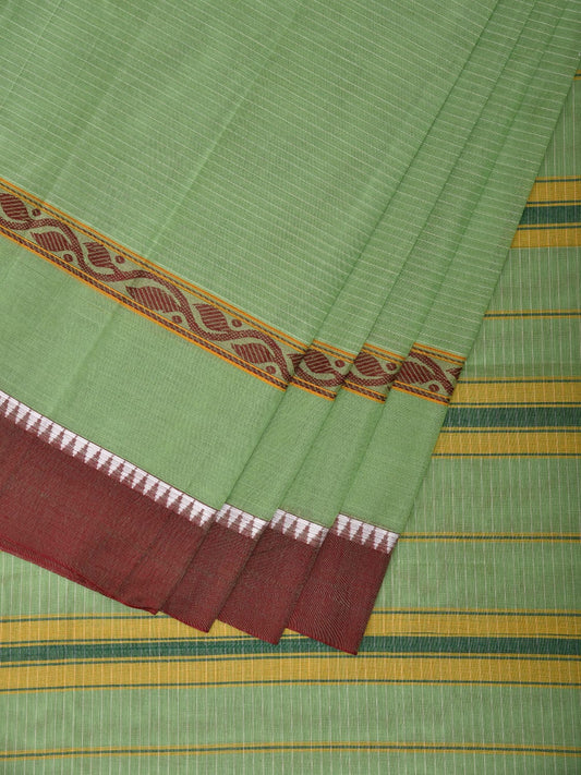 Light Green and Brown Narayanpet Cotton Handloom Saree with Strips Design No Blouse np1113