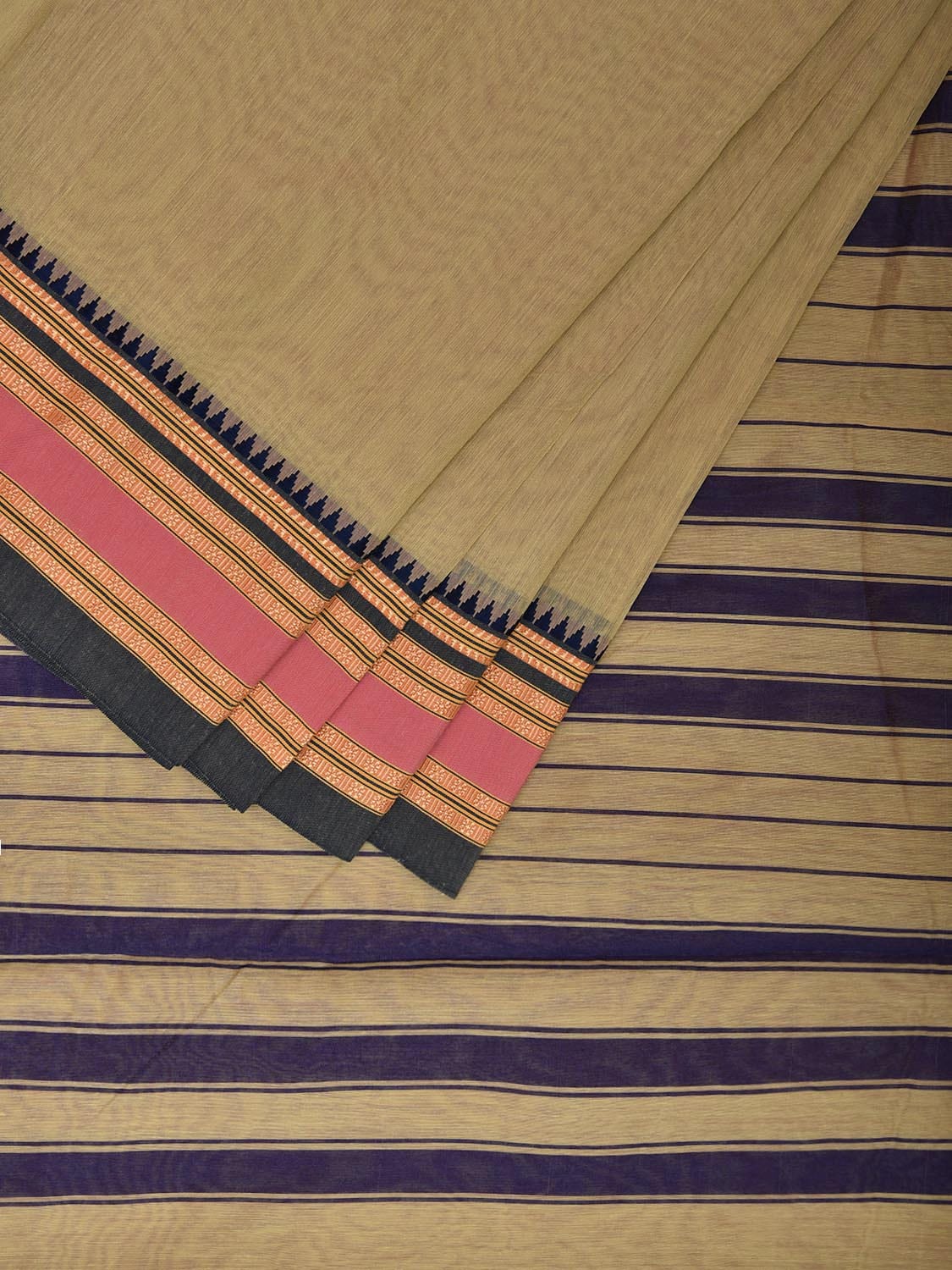 Light Green and Dark Blue Bamboo Cotton Plain Saree with Strips Pallu Design No Blouse bc0683