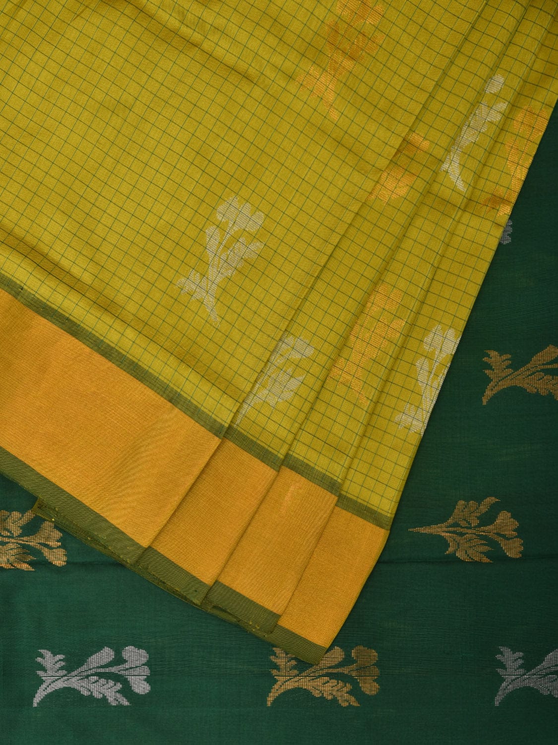 Light Green and Dark Green Uppada Silk Handloom Saree with Checks and Body Buta Design u2254