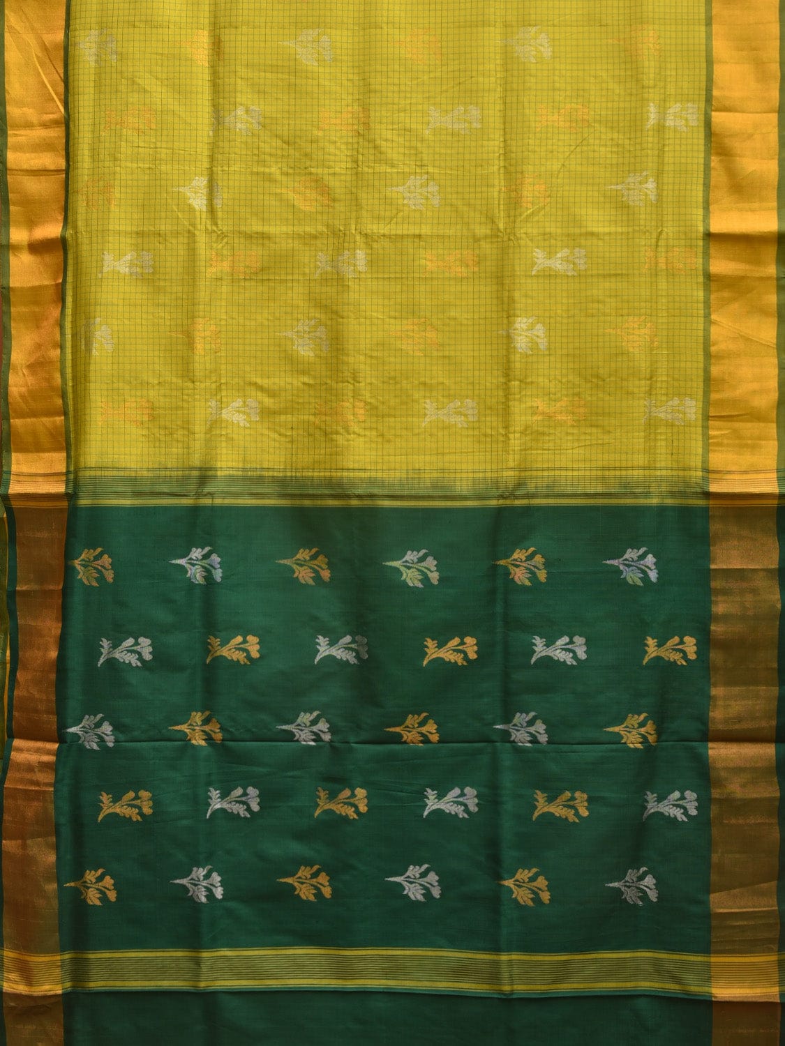 Light Green and Dark Green Uppada Silk Handloom Saree with Checks and Body Buta Design u2254