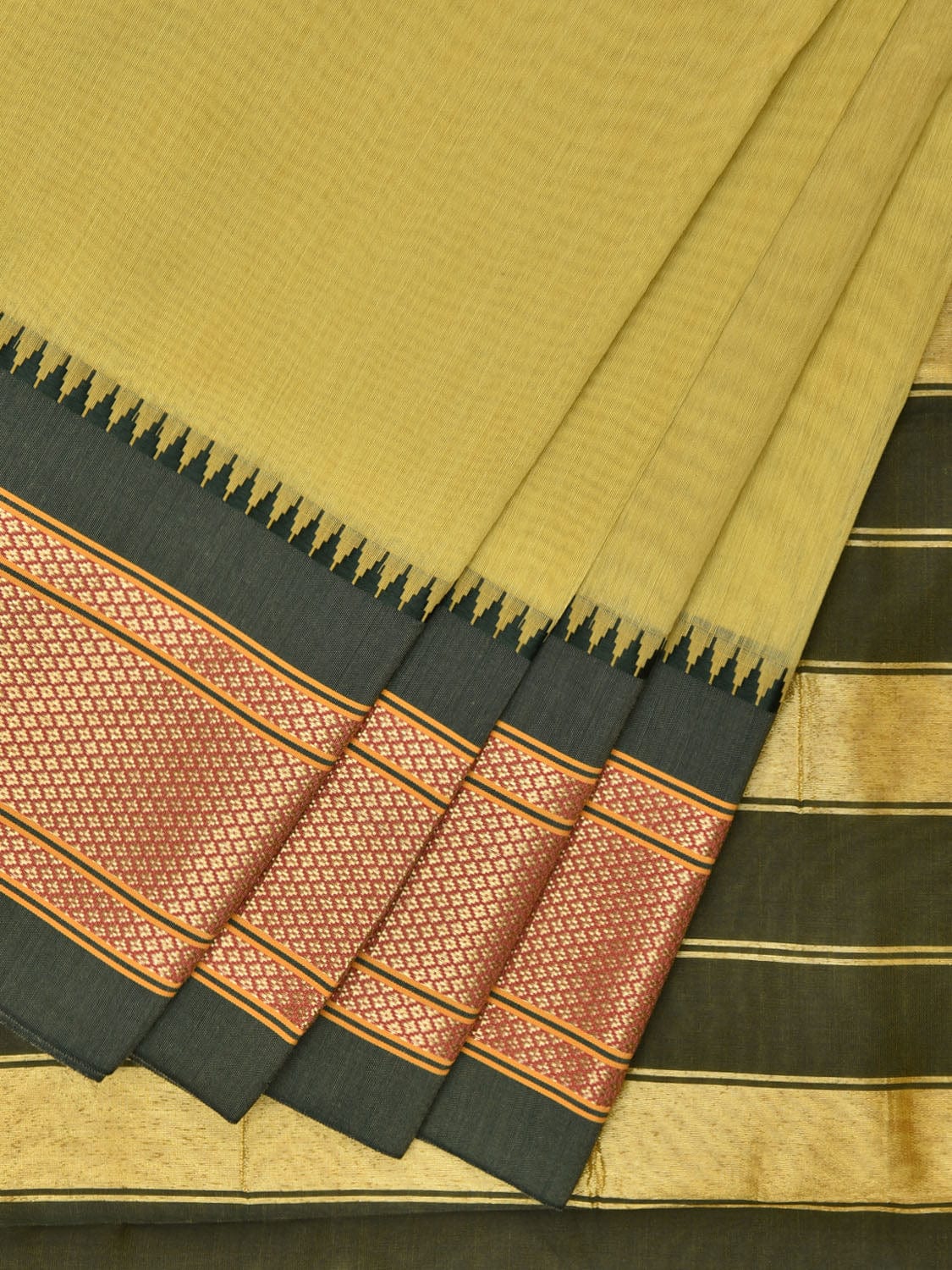 Light Green and Green Bamboo Cotton Plain Saree with Narali Border No Blouse bc0553