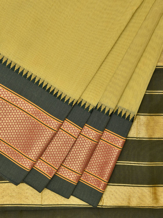 Light Green and Green Bamboo Cotton Plain Saree with Narali Border No Blouse bc0553