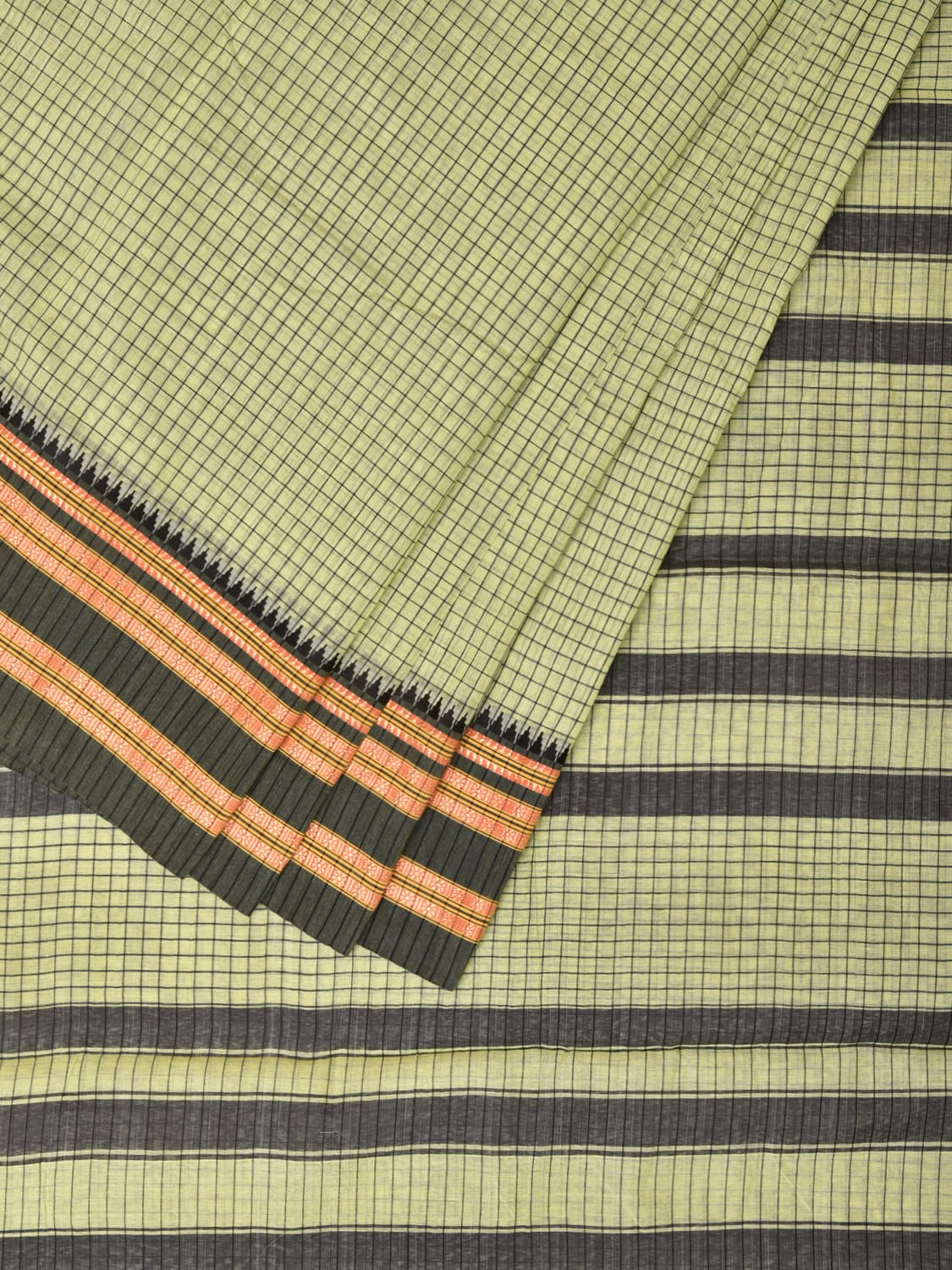 Light Green and Green Bamboo Cotton Saree with Checks Design No Blouse bc0163