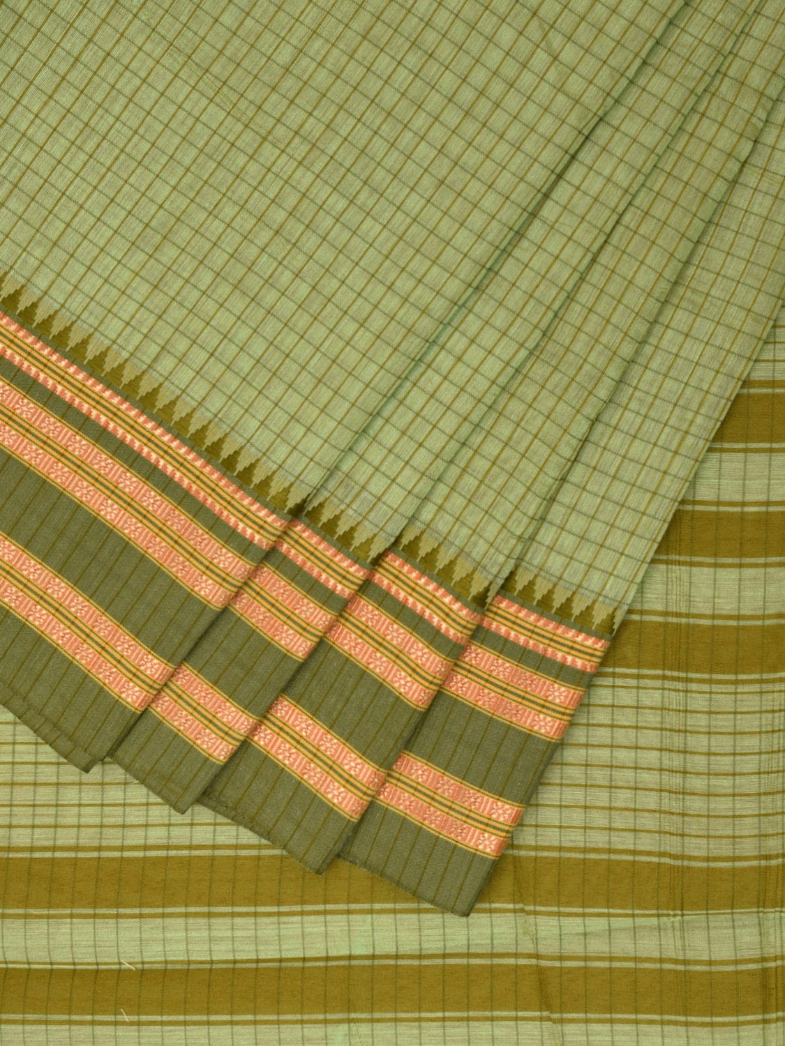 Light Green and Green Bamboo Cotton Saree with Checks Design No Blouse bc0600