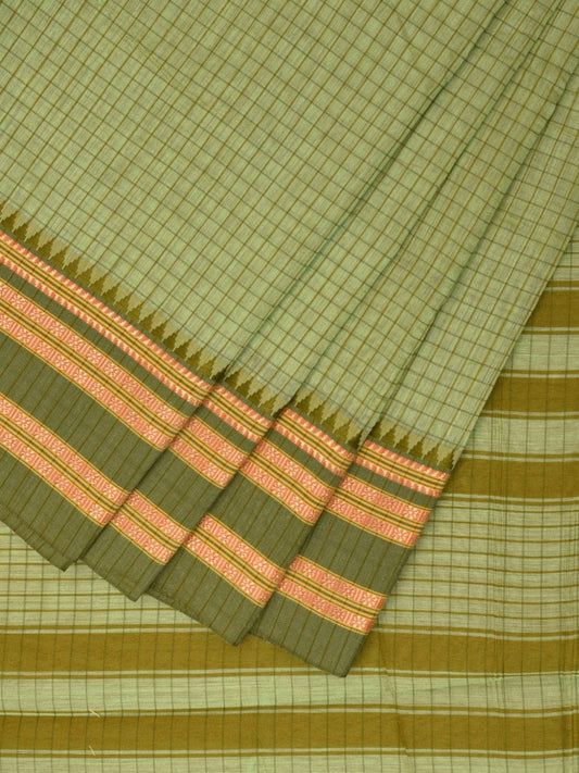 Light Green and Green Bamboo Cotton Saree with Checks Design No Blouse bc0600