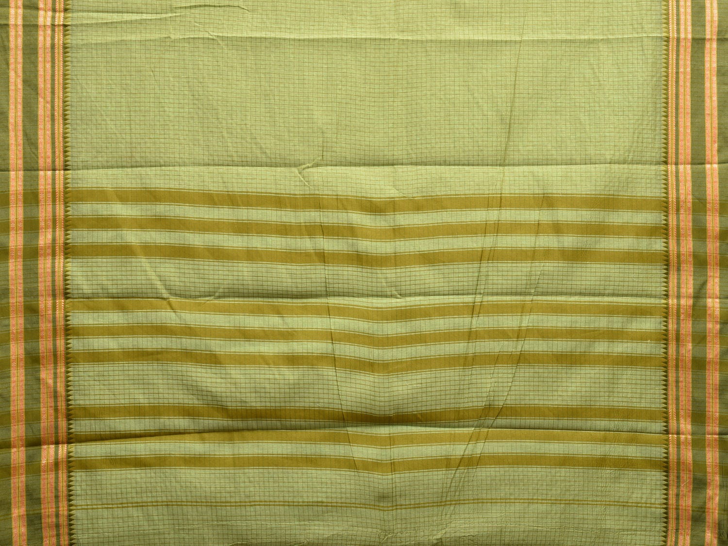 Light Green and Green Bamboo Cotton Saree with Checks Design No Blouse bc0600