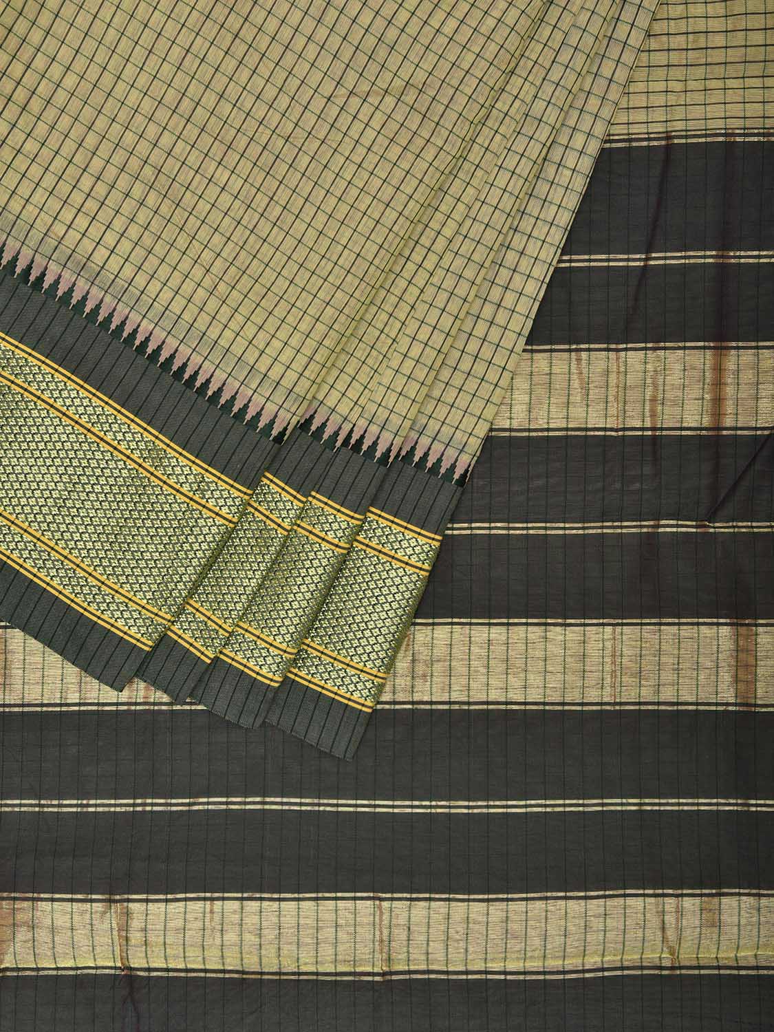 Light Green and Green Bamboo Cotton Saree with Checks Design No Blouse bc0670