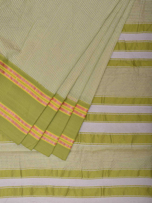 Light Green and Green Bamboo Cotton Saree with Small Checks Design No Blouse bc0689