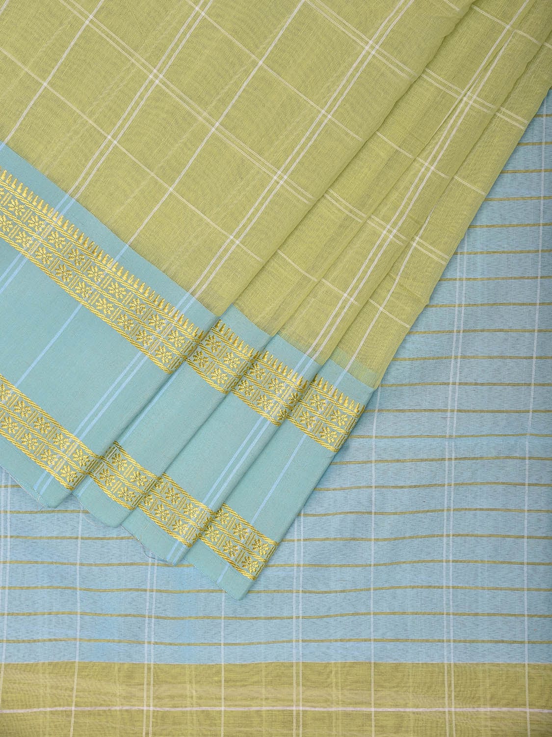 Light Green and Light Blue Bamboo Cotton Saree with Big Checks Design No Blouse bc0617